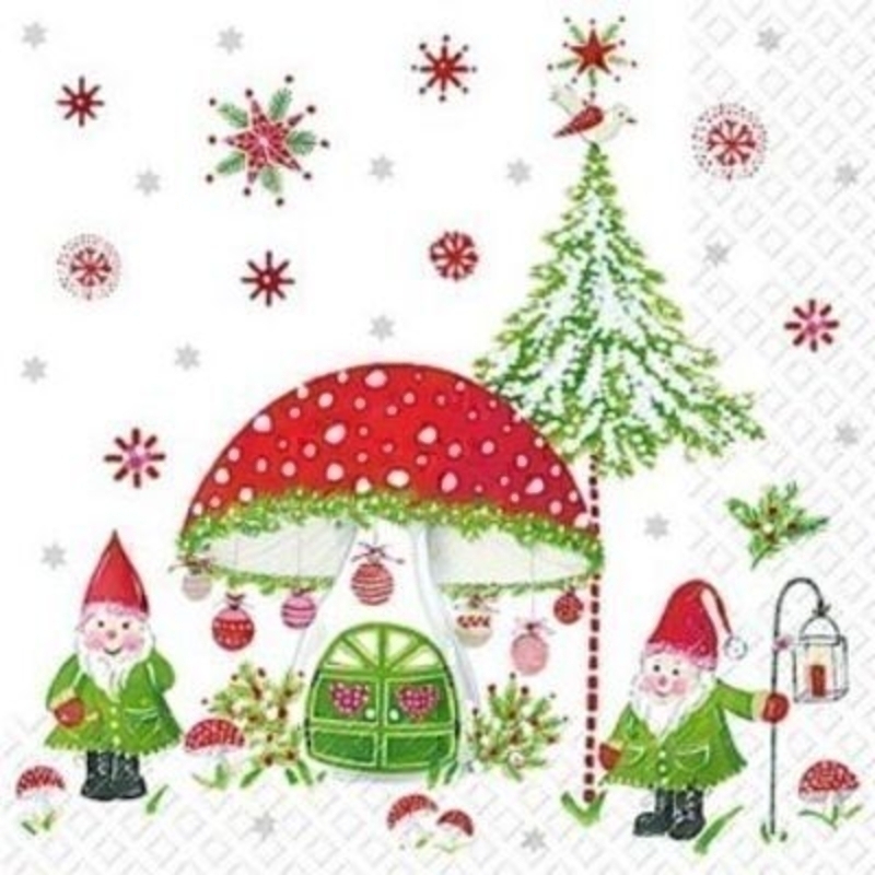 Toadstool and Gnomes Christmas Benjamin Napkins by Stewo. 20 napkins in pack. 3 ply. 33x33cm. Environmentally friendly cellulose printed with water-based inks.